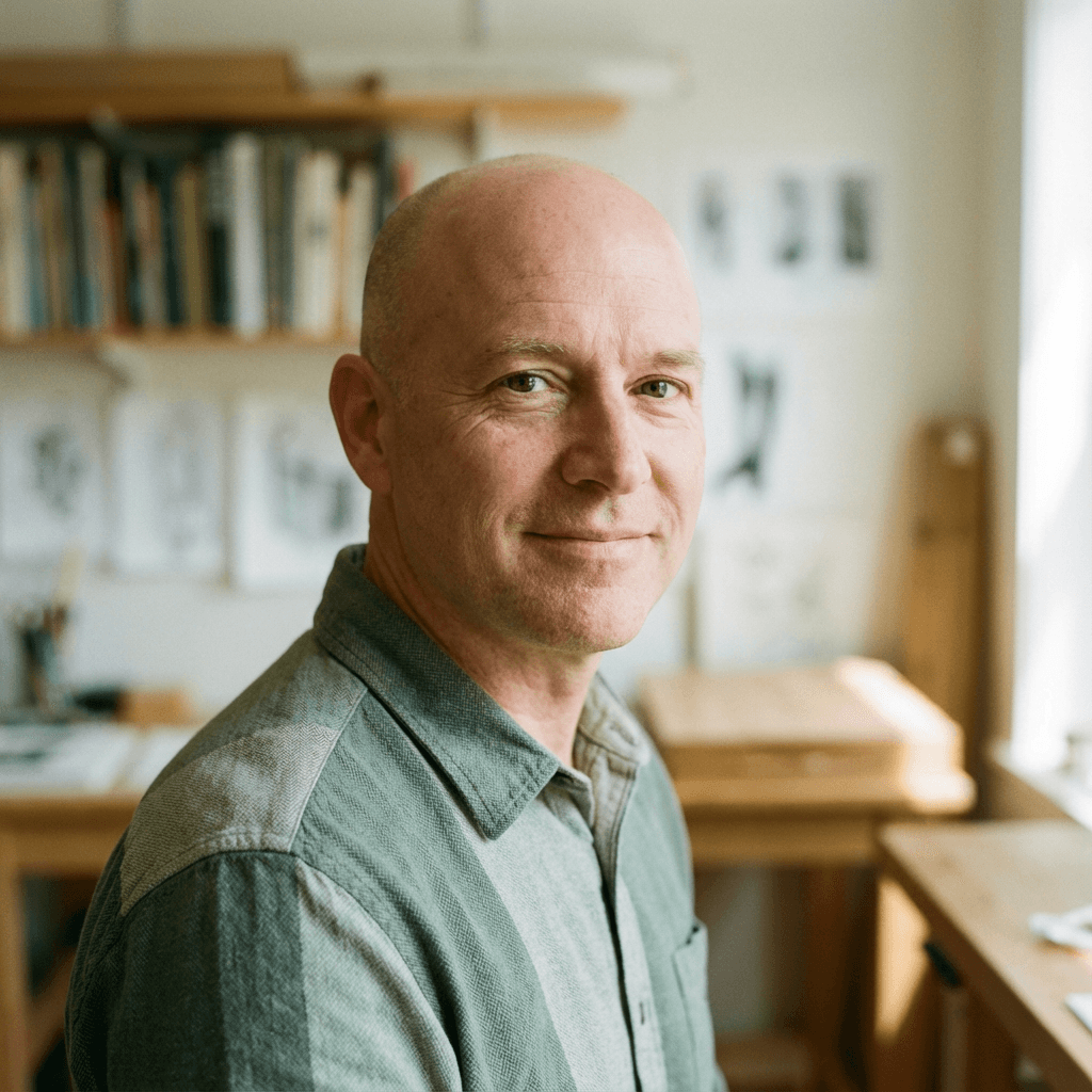 Shane Broe, owner of Shane's Lawn & Dog Waste Removal, standing with lawn mowing equipment in a residential yard