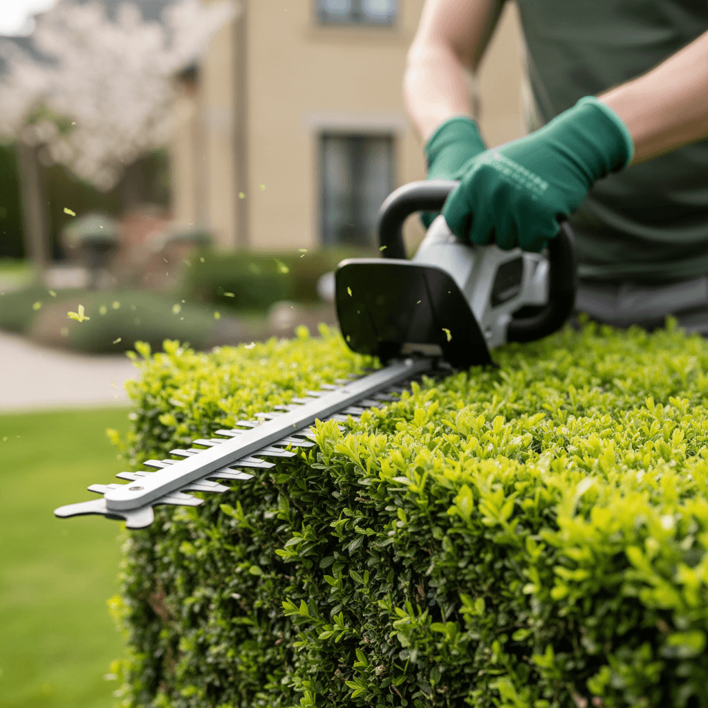 Landscaper's gloved hands using hedge trimmer to precisely cut green shrub foliage in bright natural light