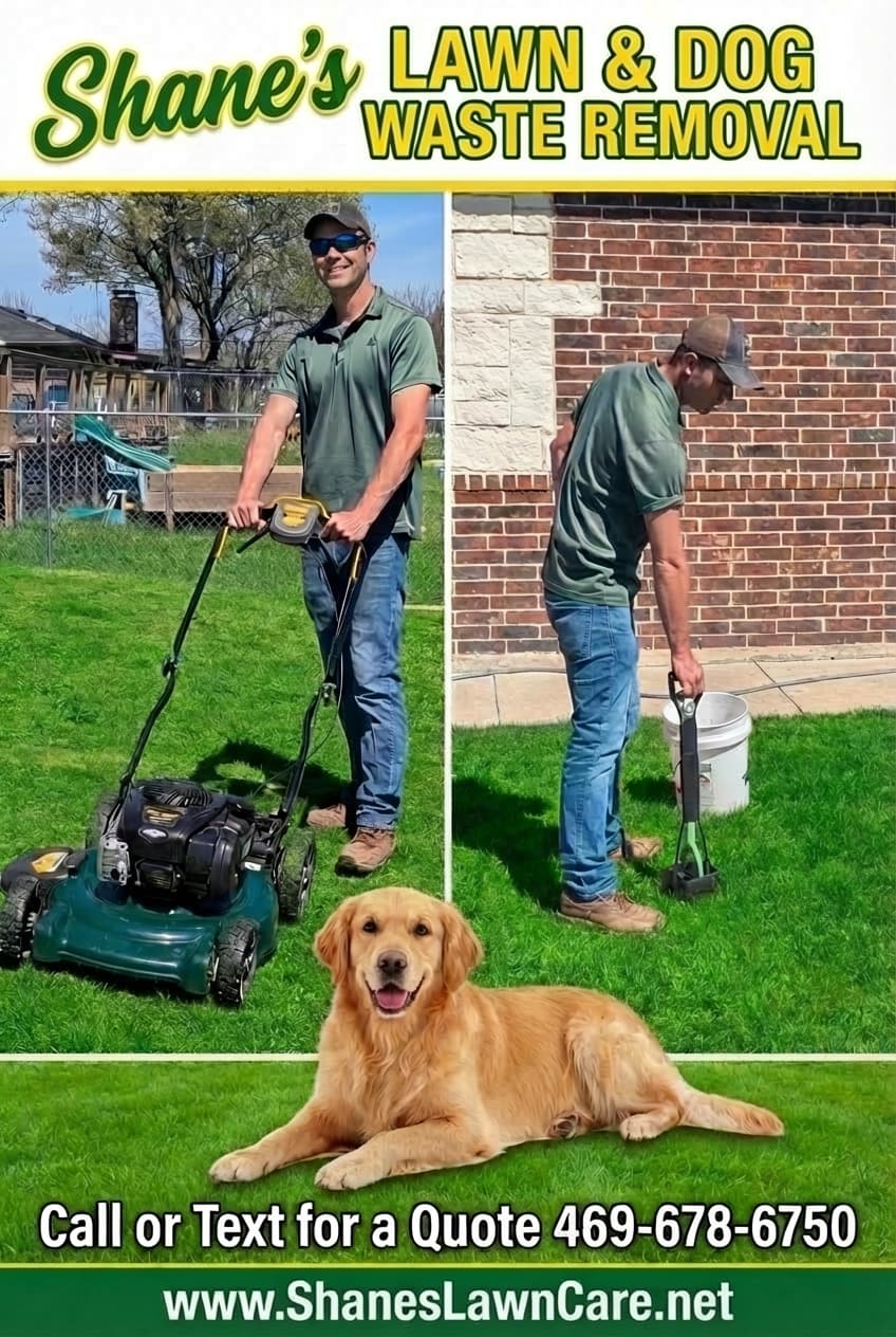 Man mowing lawn and scooping waste for Shane's Lawn and Dog Waste Removal advertisement.